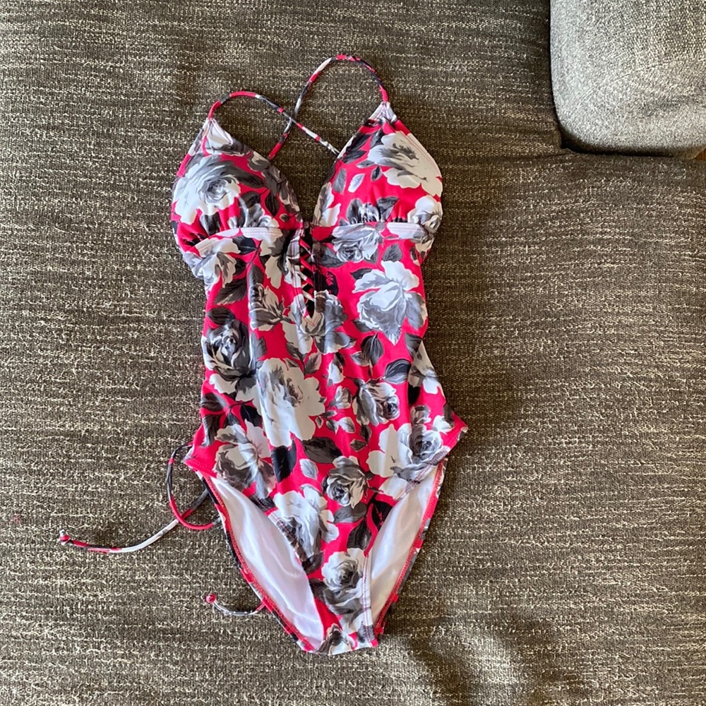 Women’s Pink Floral One-Piece Swimsuit with Gray Accents